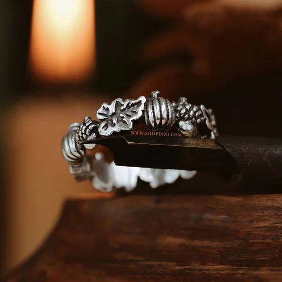Dixi Autumn Is Calling Pumpkin & Acorn Boho Wreath Ring Sterling Silver - Picture 1 of 12
